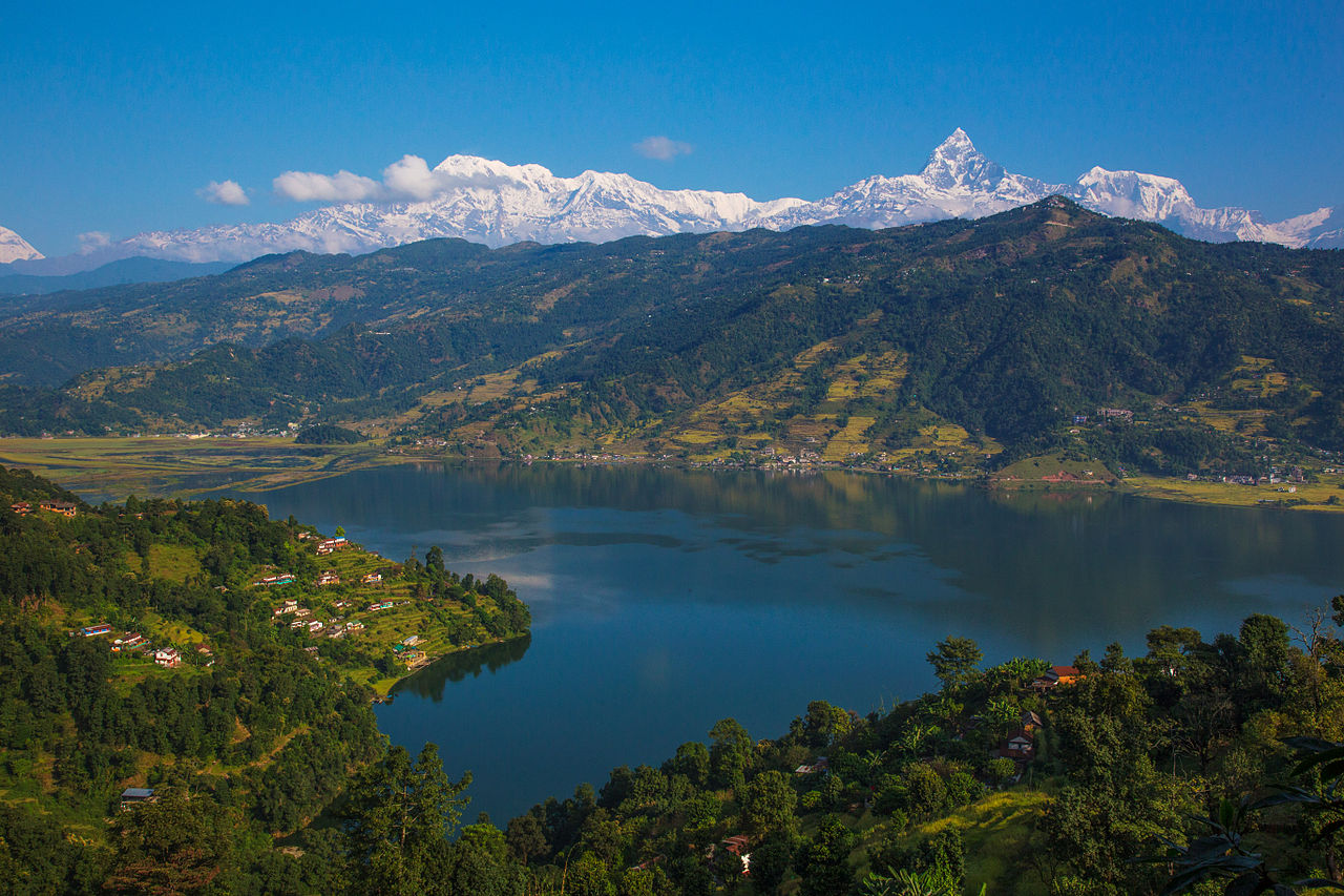 Phewa Lake with mountains in Nepal